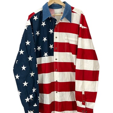 Roper American Flag Red White Blue Denim Collar Western Shirt XL
