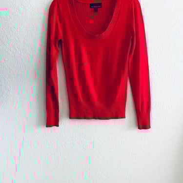 90s Vintage Red Scoop Neck Ribbed Knit Sweater Rayon Nylon Size Small 