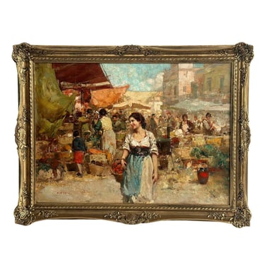 Oil on Canvas of Italian Market Scene by Giuseppe Pitto