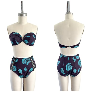 40s Seashell Lace Up Bikini / 1940s Vintage Cotton Viva Playsuit Swimsuit / xs to small 