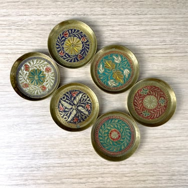 Brass etched painted set of 6 coasters - made in Pakistan - 1970s vintage 