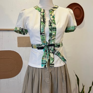 Handmade Vintage 1960s Mod Bow Embellished Short Sleeve Blouse - XS 