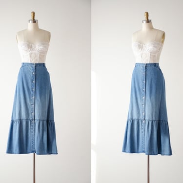 long jean skirt | 90s y2k plus size vintage faded fit and flare ruffled flounce button down denim midi skirt 