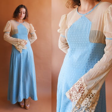 Antique Mesh and Jacquard Gown/ 1910s 20s Puff Shoulder Bell Sleeve Dress/ Size Small 