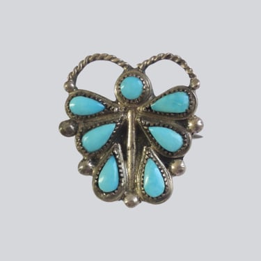 Retro 70s BoHo Turquoise Butterfly Pin, Turquoise Stones set in Silver Metal Butterfly Brooch 