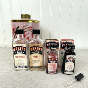 Baker's Extracts and Food Color bottles - vintage 1930s baking groceries - in a vintage tin 