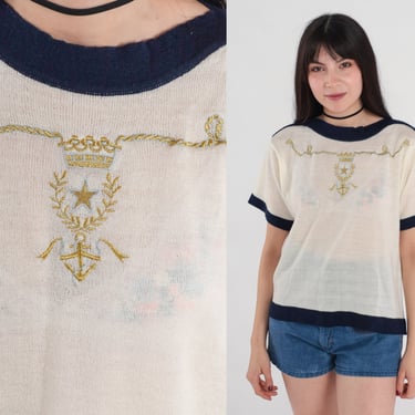 Knit Nautical Shirt 80s Embroidered Top Sheer Gold Anchor Star Crown Sweater Short Sleeve Blouse White Ringer Vintage 1980s Medium Petite 