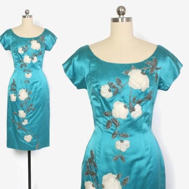 Vintage 50s Silk Dress / 1950s Turquoise Silk Beaded White Velvet Roses Wiggle Dress S 