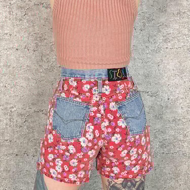 Steel Jeans Vintage Floral Patchwork Colorblock Jean Shorts / Size 24 25 XS 