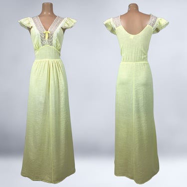 VINTAGE 50s Yellow Cotton Plisse Goddess Nightgown by Stardust Sz 36 | 1950s Long Night Gown Lingerie 