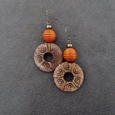 Large wooden earrings, carved geometric earrings, modern earrings, huge earrings, Afrocentric African earrings, statement earrings, orange 