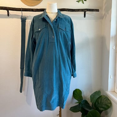 Vintage Blue Cotton Corduroy Utility Zipper Collared Shirt Belt Dress Size Small 