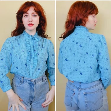 1980s Vintage Poly Turquoise Novelty Print Blouse / 80s Ruffled Psychedelic Mushroom Print Prairie Shirt / Size Large - XL 