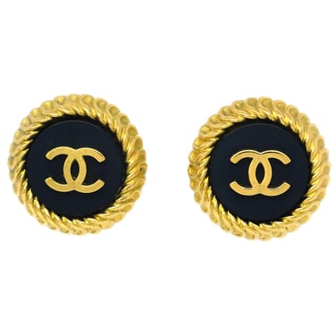 Chanel Gold Black Button Earrings Clip-On 95P