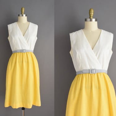 1980s dress | Adorable Yellow & White Color-block Linen Dress  | Medium | 80s vintage dress 