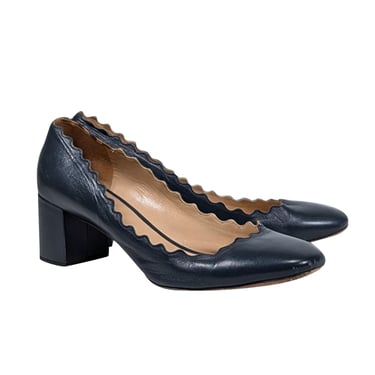 Chloe - Navy Leather Scallop Edge Low Basic Pumps Sz 8