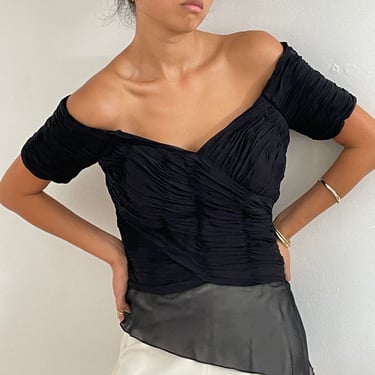 90s silk bustier / vintage black ruched silk plunging off shoulder bustier corset bustier blouse top | Medium 