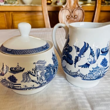 Royal Cuthbertson Blue Willow Sugar Bowl and Creamer  Unused Condition 