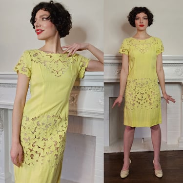 60s does 20s Yellow Cotton Cut Lace Dress with Short Sleeves - S 