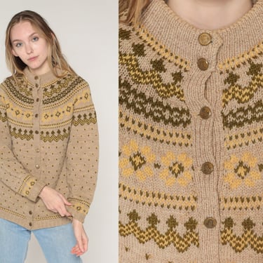 70s Cardigan Tan Icelandic Button up Knit Sweater Handmade Geometric Print Sweater Fair Isle Yellow Knitwear Vintage 1970s Acrylic Small S 