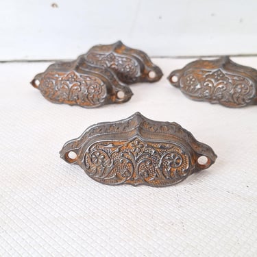 Four Ornate Pattern Victorian Cast Iron Bin Pulls, Antique Drawer Handle, Apothecary Pulls 072906 