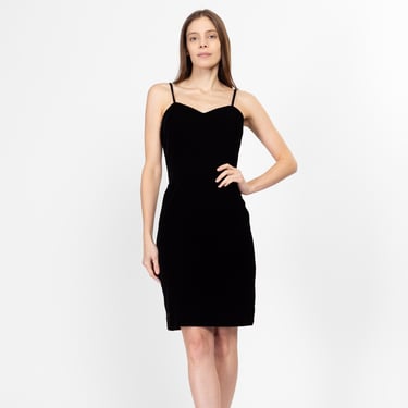 XS-Sm 80s Black Velvet Sweetheart Neck Cocktail Dress | Vintage Spaghetti Strap Mini Fitted Party Dress 