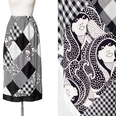 Vintage 1970s Skirt | 70s Novelty Print Quilted Lady Faces Op Art Gingham Checkered High Waisted Cotton Black White Skirt (xs-large) 