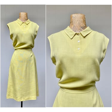 Vintage 1960s Sleeveless Yellow Linen Dress, 60s Preppy Polo Style Shift, Mid-Century Summer Sheath, 