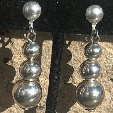 Vintage Mid Century Sterling Silver Graduated Bead Dangle Screw Back Earrings 