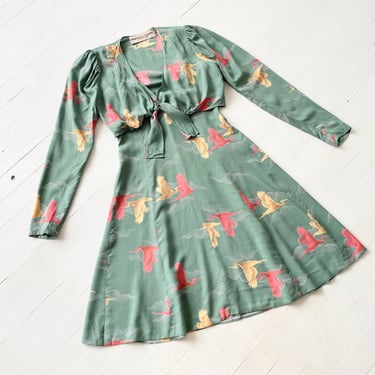 1990s Crane Print Dress with Matching Jacket 