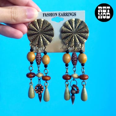 DEADSTOCK Vintage 80s 90s Boho Beaded Drop Metal Earrings 