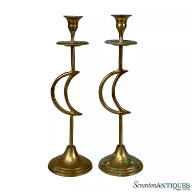 Vintage Traditional Brass Crescent Moon Motif Candlestick Holders - A Pair