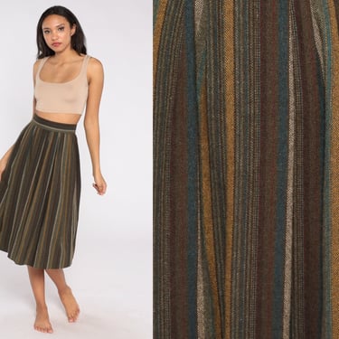 Woven Striped Skirt Brown Bohemian Skirt 70s 80s High Waist Midi Boho Striped Button Up Earth Tone Vintage 1980s Hippie Wool Extra Small xs 