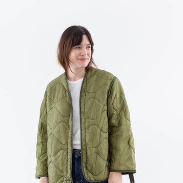 Vintage Green Liner Jacket | Unisex Wavy Quilted Nylon Coat | S | LI239 