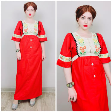 1970s Vintage Boon Jewelry Tetoron Silk Red Dress / 70s / Seventies Flared Sleeve Floral Embroidered Prairie Dress / Medium 