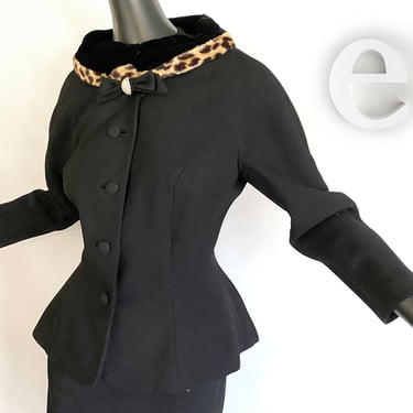Size Large Lilli Ann Vintage 40s Pencil Skirt + Jacket Suit NOS! | Black + Leopard Faux Fur Trim | Rockabilly Pin Up Bombshell | Post WWII 