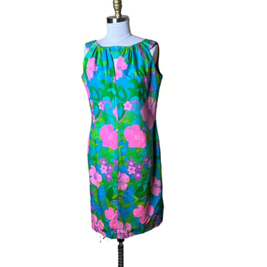 Vintage 60's Casual Aire Hawaii Nei Reef Towers Honolulu Flower Power Hippy Floral Shift Dress L 