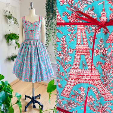 Modern 1950s Style Sundress | BERNIE DEXTER Paris Eiffel Tower Novelty Print Cotton Blue Red Fit Flare Sweetheart Neck Day Dress (x-small) 