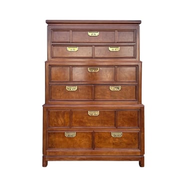 Chinoiserie Tallboy Dresser by Thomasville Mystique - Vintage Pecan Burl Wood & Brass Hollywood Regency Asian Chest of Drawers 