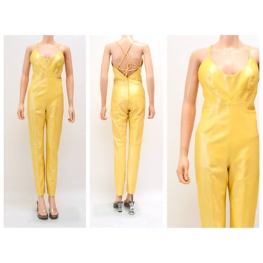 2000s Y2k Yellow Leather Jumpsuit Cat Suit Yellow Leather Lace up Sexy Jumpsuit By Micheal Hoban North Beach Leather Size XS Small 