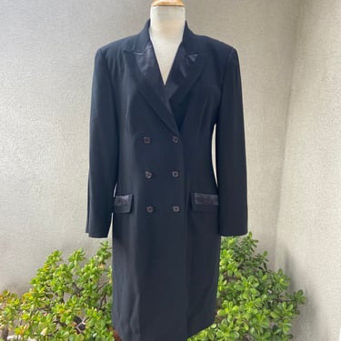 SALE Vintage DKNY classic tuxedo style long jacket or coat black wool lined pockets sz 12 Medium 