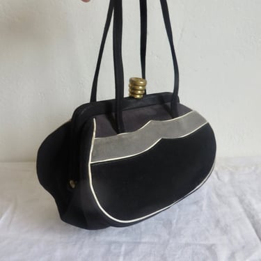1950's Black and Gray Two Tone Suede Purse Top Handles Gold Clasp 50's Retro Rockabilly Handbag Fall Winter Stylecraft Miami 