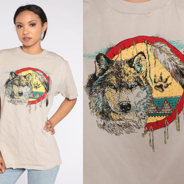Wolf T Shirt 90s Native American Tshirt Sparkly Animal T-Shirt Dreamcatcher Turquoise Southwestern Graphic Tee Retro Vintage 1990s Tan Large 