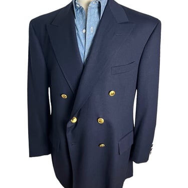 Vintage POLO RALPH LAUREN Blue Label Double-Breasted Navy Blazer ~ size 44 R ~ jacket / sport coat ~ Gold Buttons ~ 1980s / 1990s 