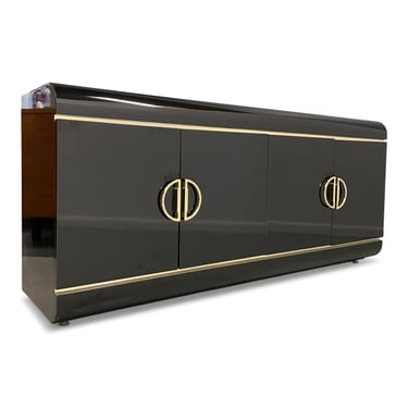 1990s Post Modern Laminate Rounded Credenza with Brass Handles and Trim