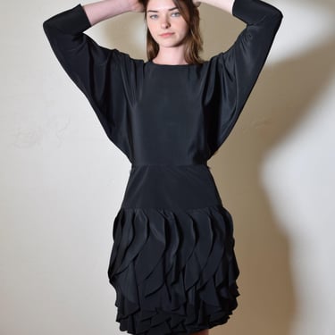 Vintage 1980s Avant Garde BATWING Slinky CAR WASH Origami Petal Skirt Statement Little Black Mini Party Dress Size 3-4 
