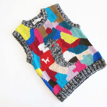 Vintage Patchwork Knit Sweater Vest M L - 80s Multicolor Abstract Artsy Knitted Unisex Vest 