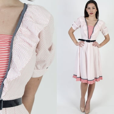 Western Prairie Square Dancing Dress, Vintage Nautical Inspired Full Skirt Mini, Horizontal Red Stripes 