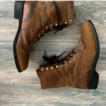 vintage leather pleated combat lace up granny boots size 9m 
