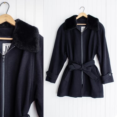 black wool coat 90s vintage Jones New York faux fur collar belted jacket 